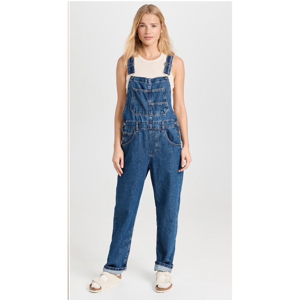 We The Free Ziggy Denim Overalls Straight Leg Medium Wash Blue Womens Small